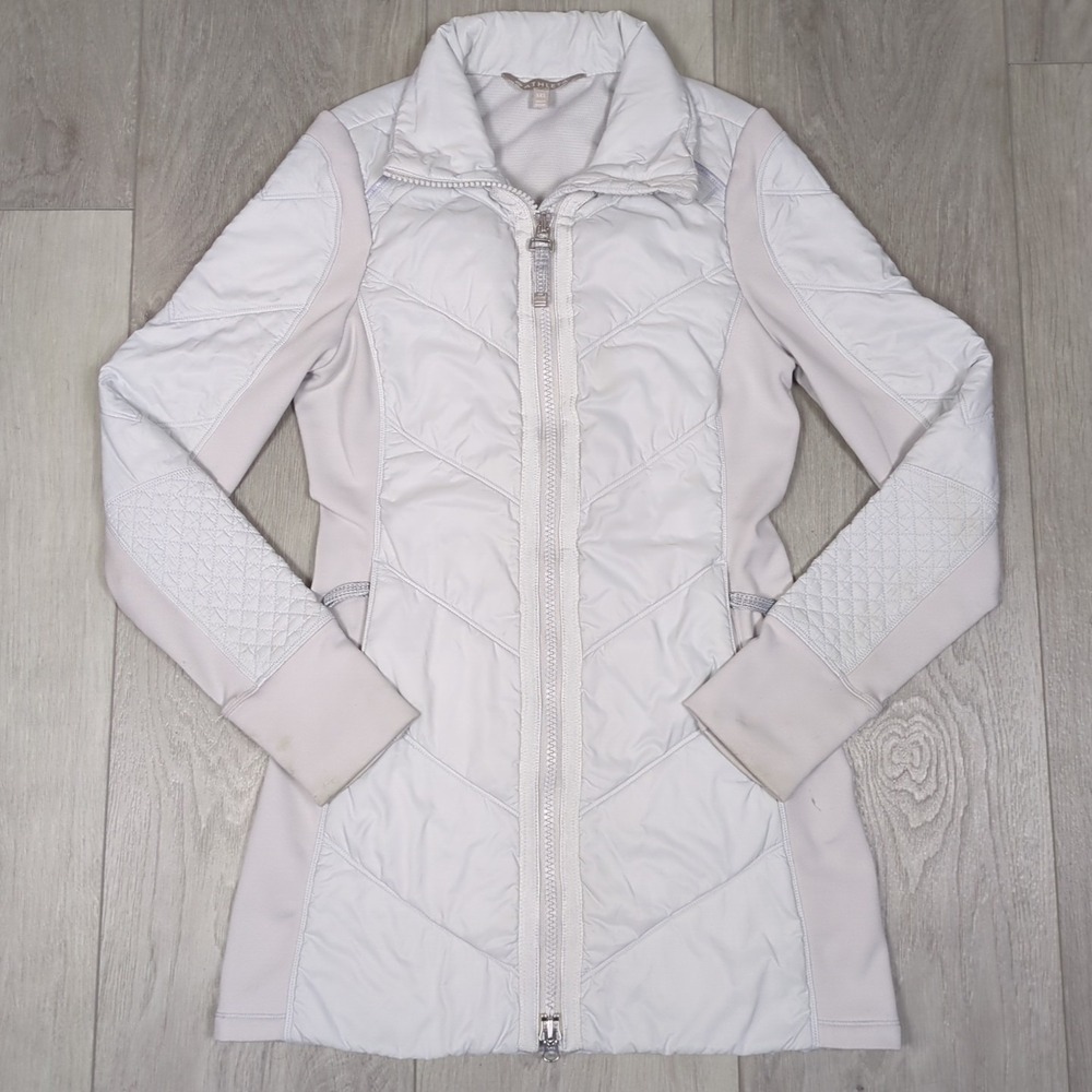 Athleta Rock Ridge Puffer Jacket Womens XXS Gray Full Zip Quilted Thumb Holes